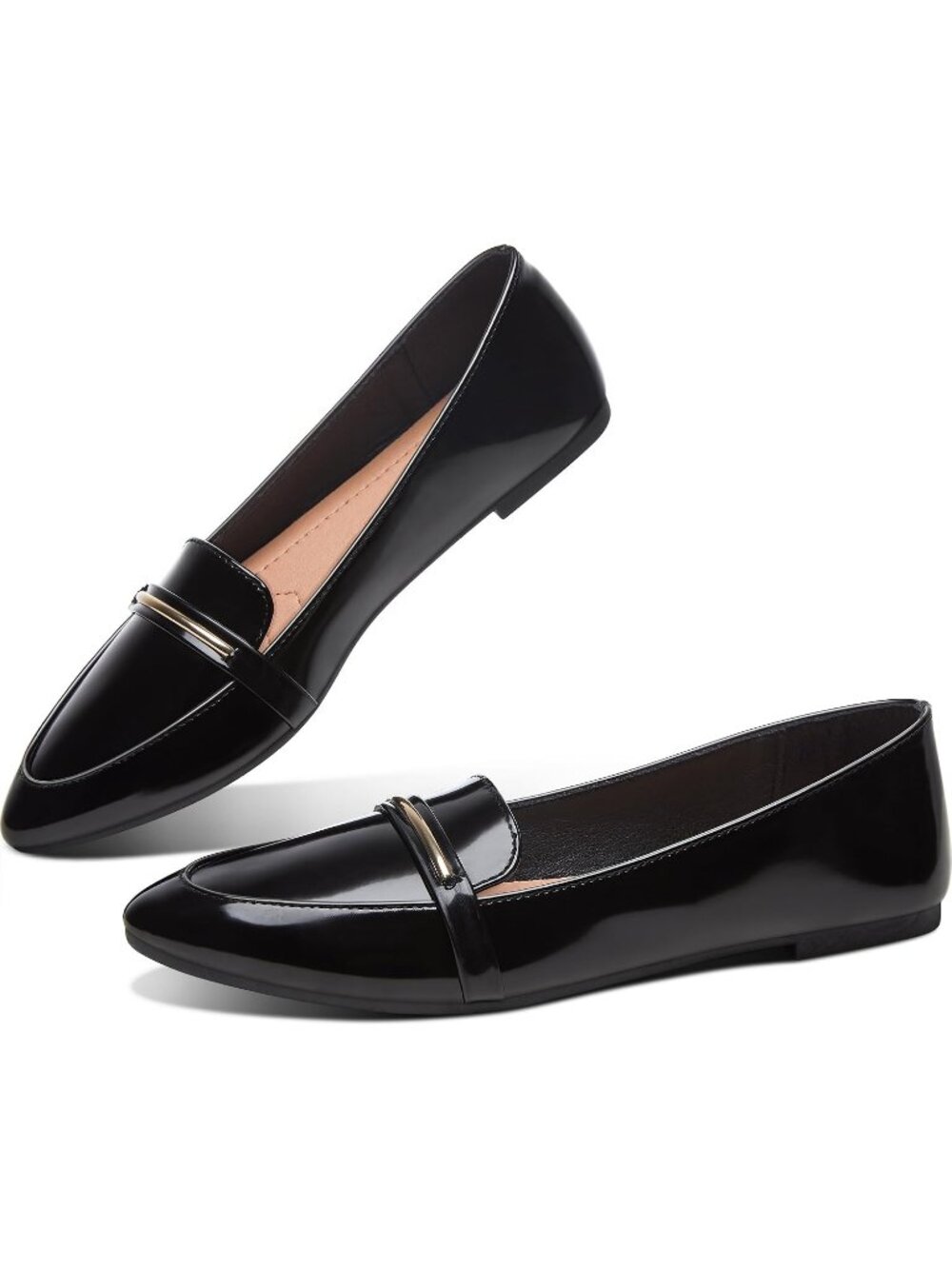 Women's Black Patent Faux Suede Leather Pointy Toe Penny Loafer Slip On Flats